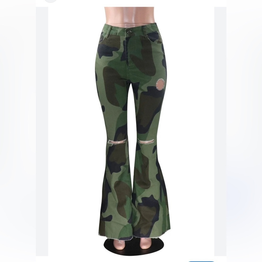 Women's Fashion Camouflage Print Ripped Wide Leg Long Trousers size 3XL